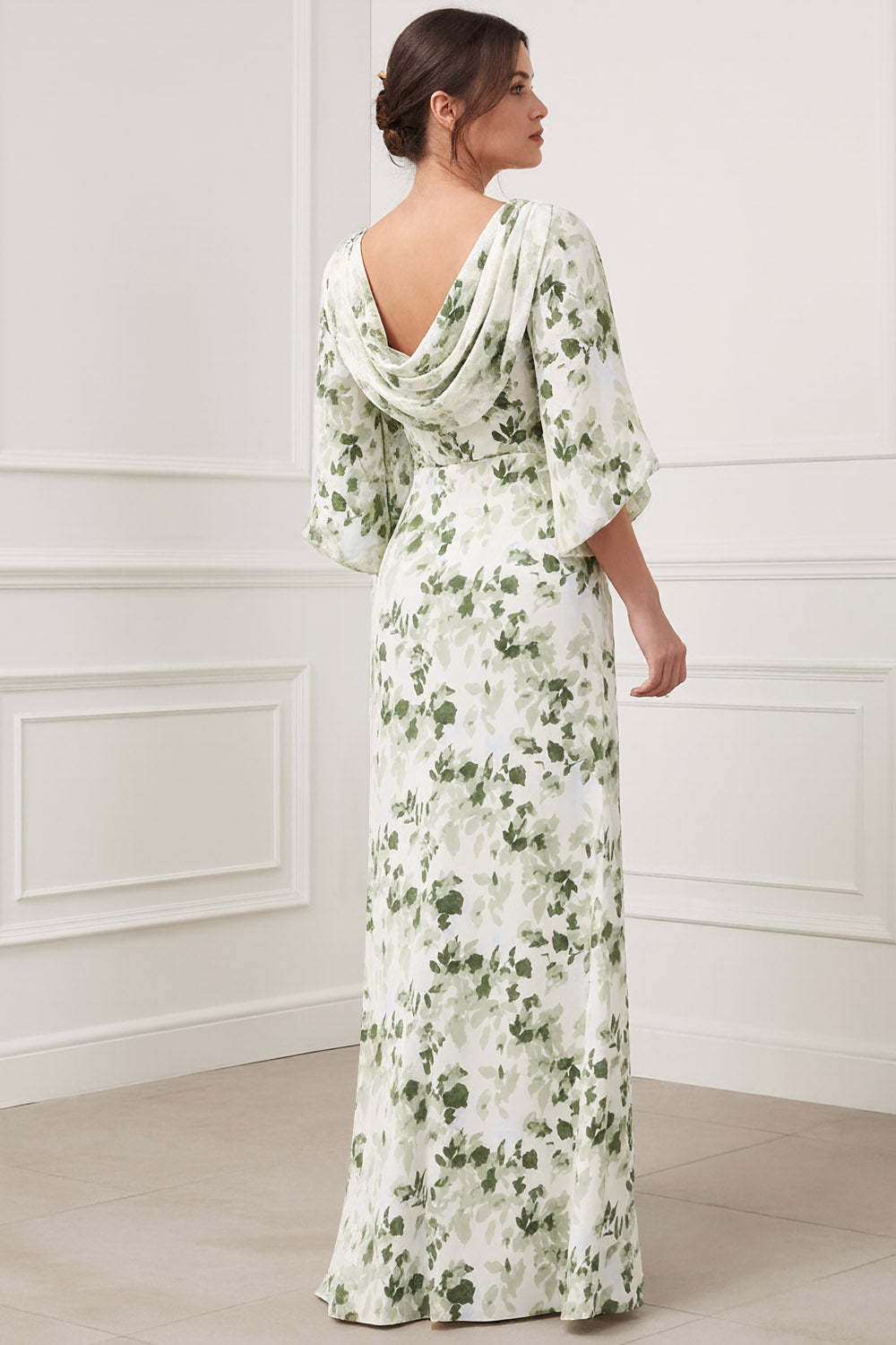 Floral Green Bateau Neck Maxi Bridesmaid Dress with Sleeves