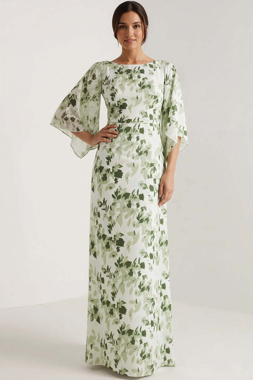 Floral Green Bateau Neck Maxi Bridesmaid Dress with Sleeves