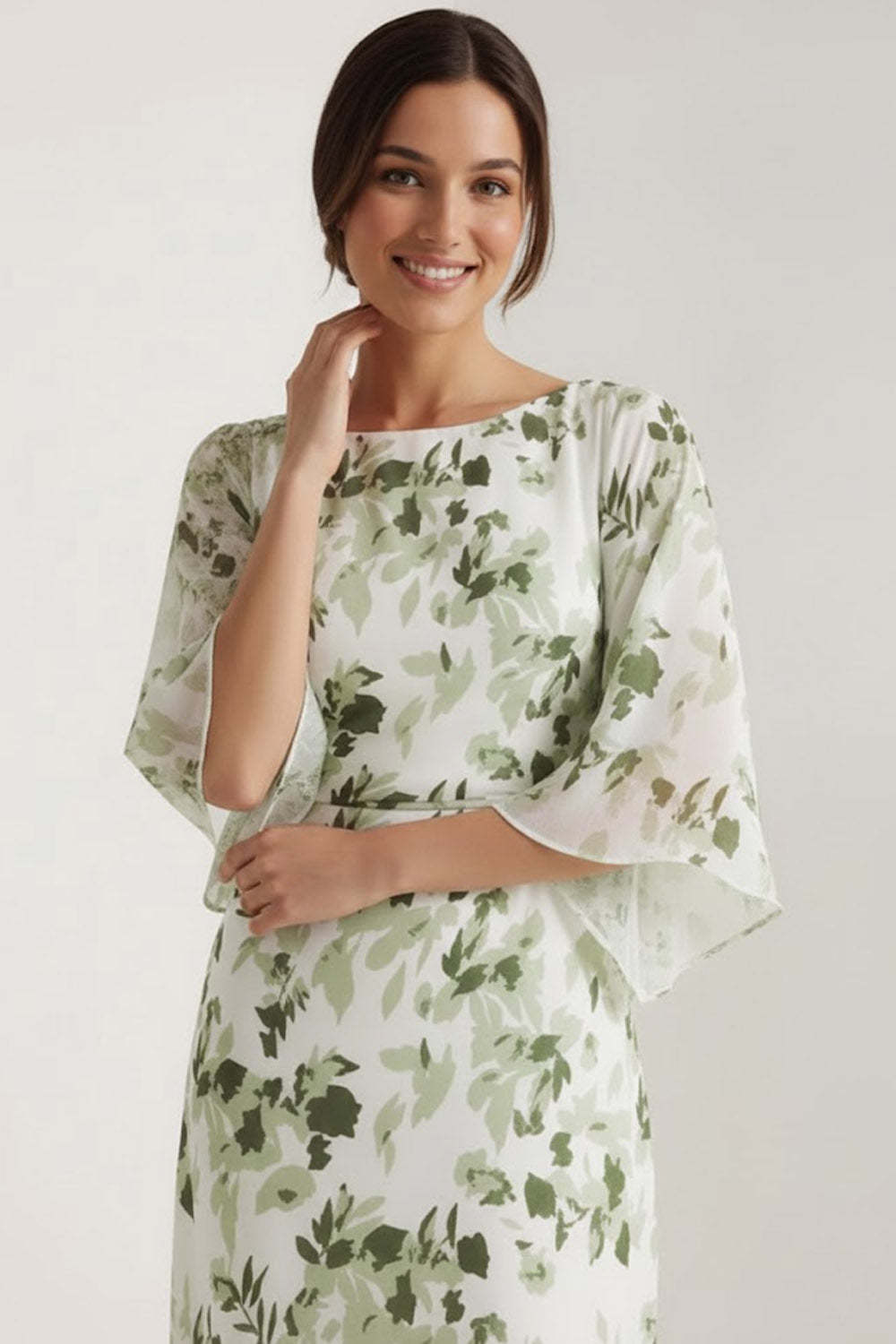 Floral Green Bateau Neck Maxi Bridesmaid Dress with Sleeves