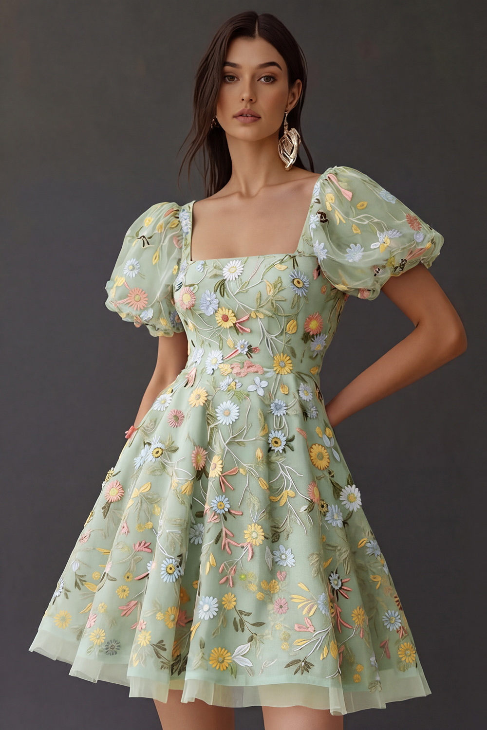 Floral Square Neck A Line Short Prom Dress with Sleeves