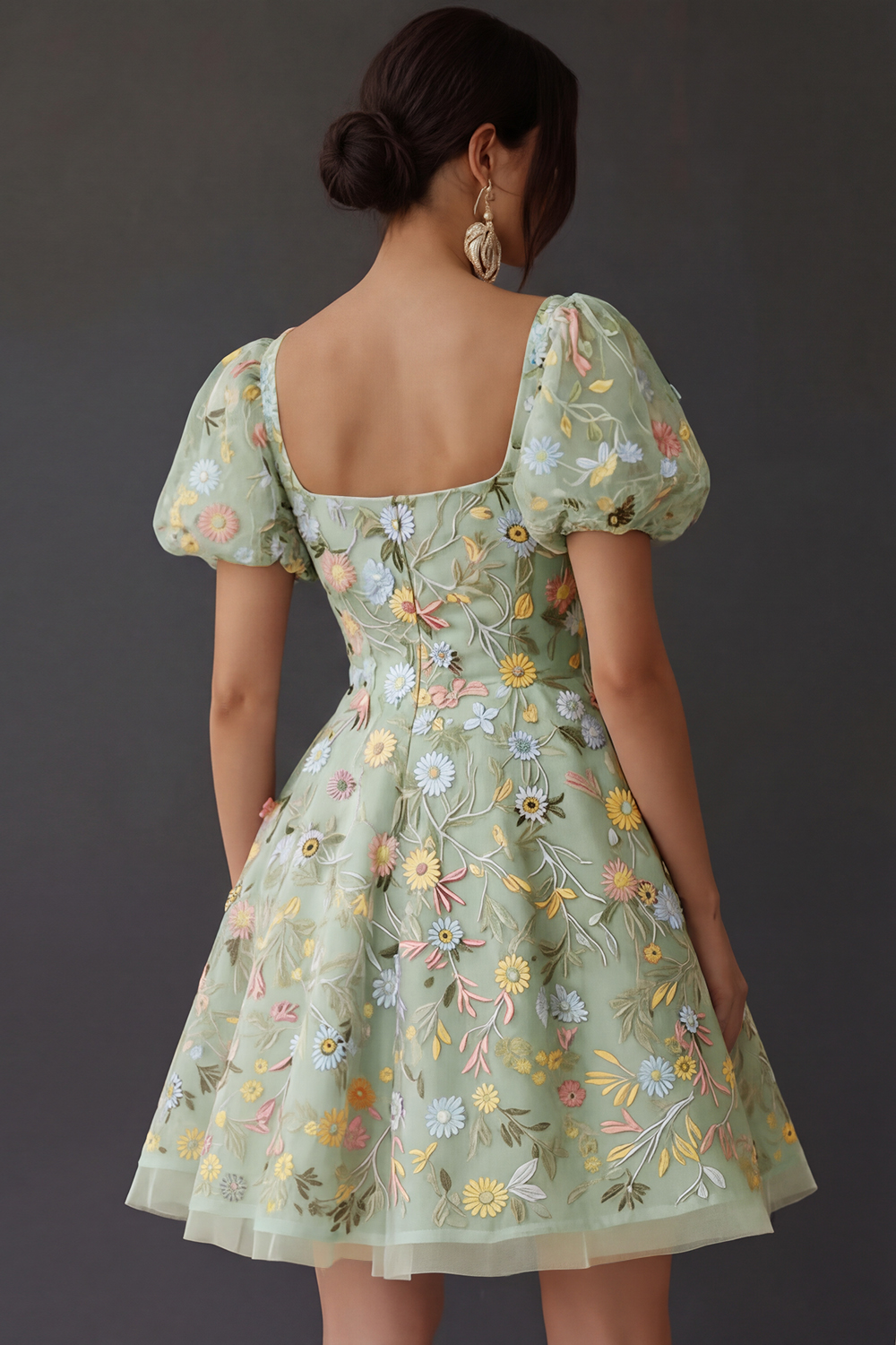 Floral Square Neck A Line Short Prom Dress with Sleeves
