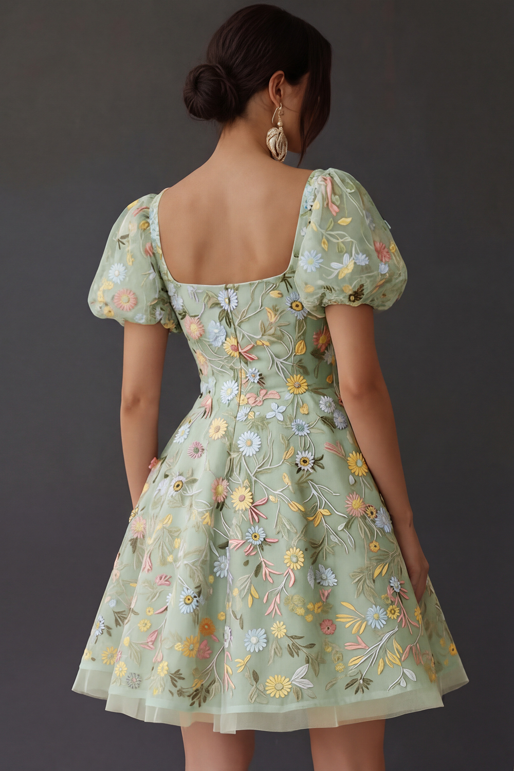 Floral Square Neck A Line Short Prom Dress with Sleeves