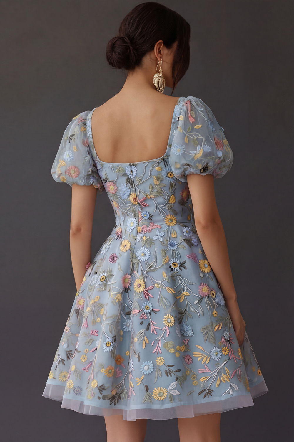 Floral Square Neck A Line Short Prom Dress with Sleeves
