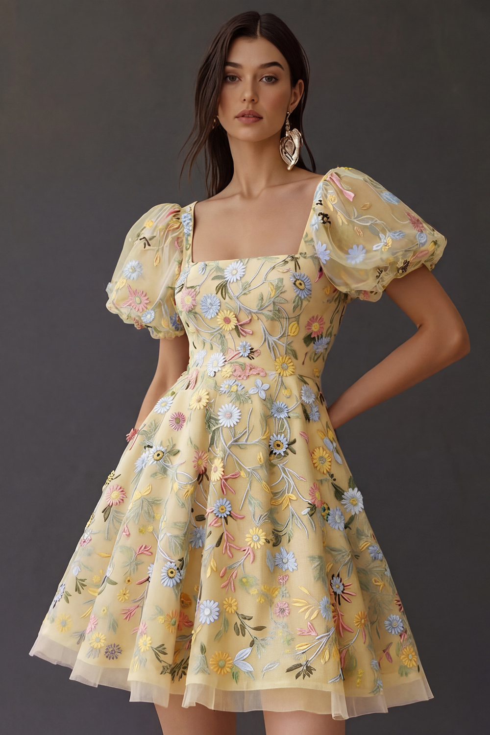 Floral Square Neck A Line Short Prom Dress with Sleeves
