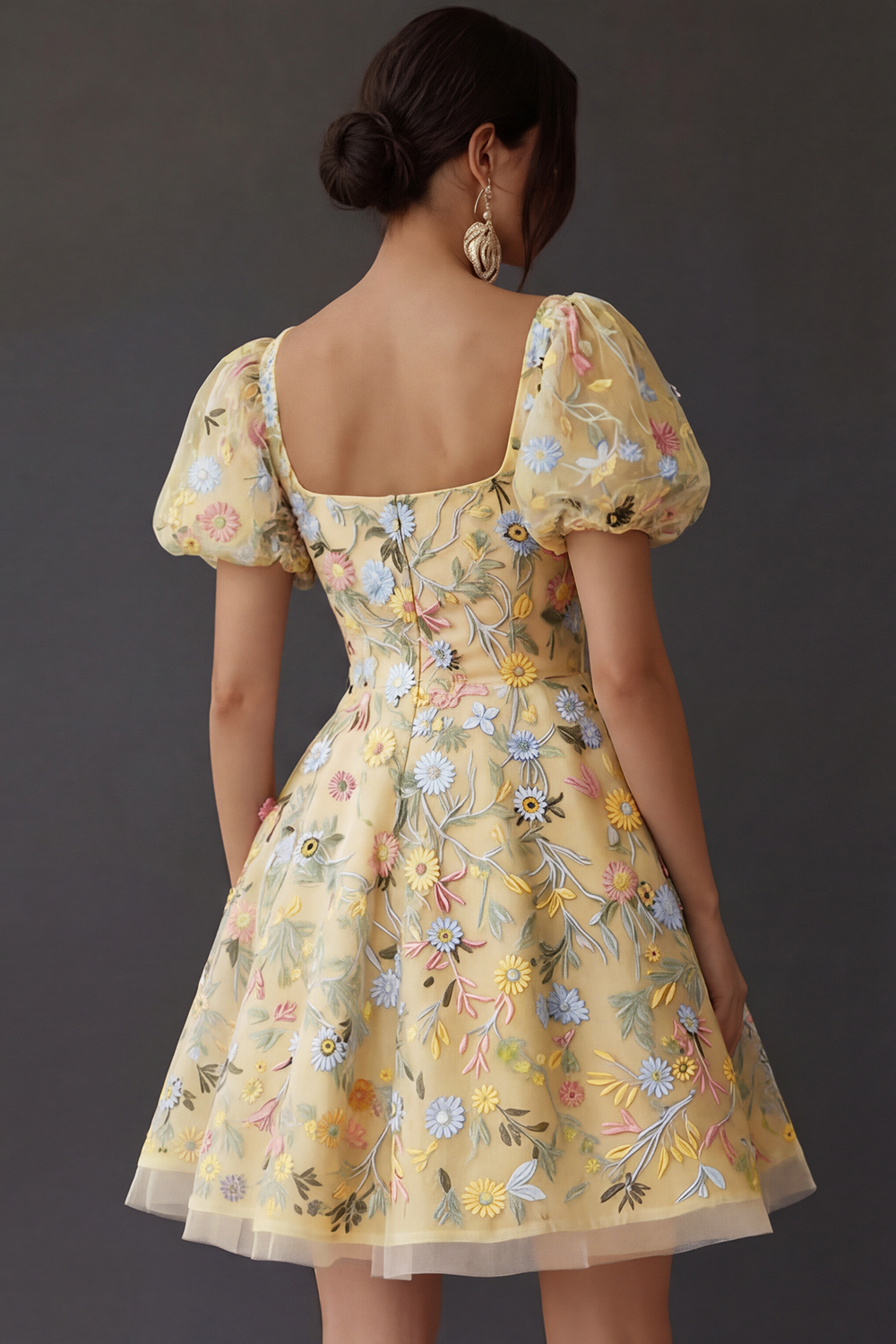 Floral Square Neck A Line Short Prom Dress with Sleeves