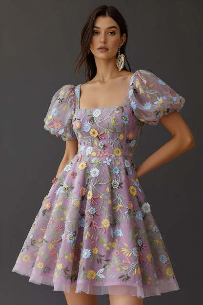 Leely Women Floral Short Prom Dress with Sleeves Ball Gown Square Neck A Line Party Dress with Embroidery