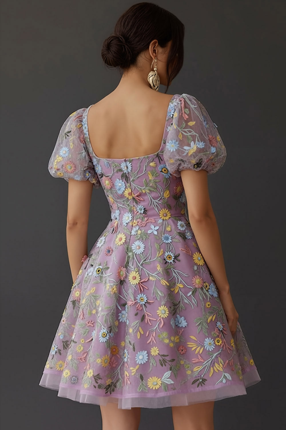 Floral Square Neck A Line Short Prom Dress with Sleeves