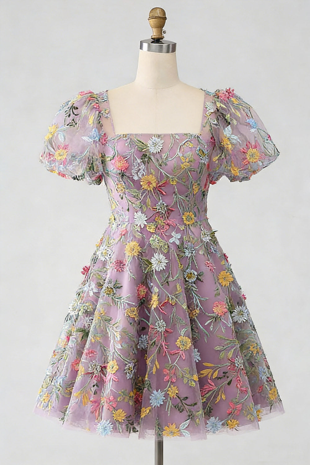 Floral Square Neck A Line Short Prom Dress with Sleeves