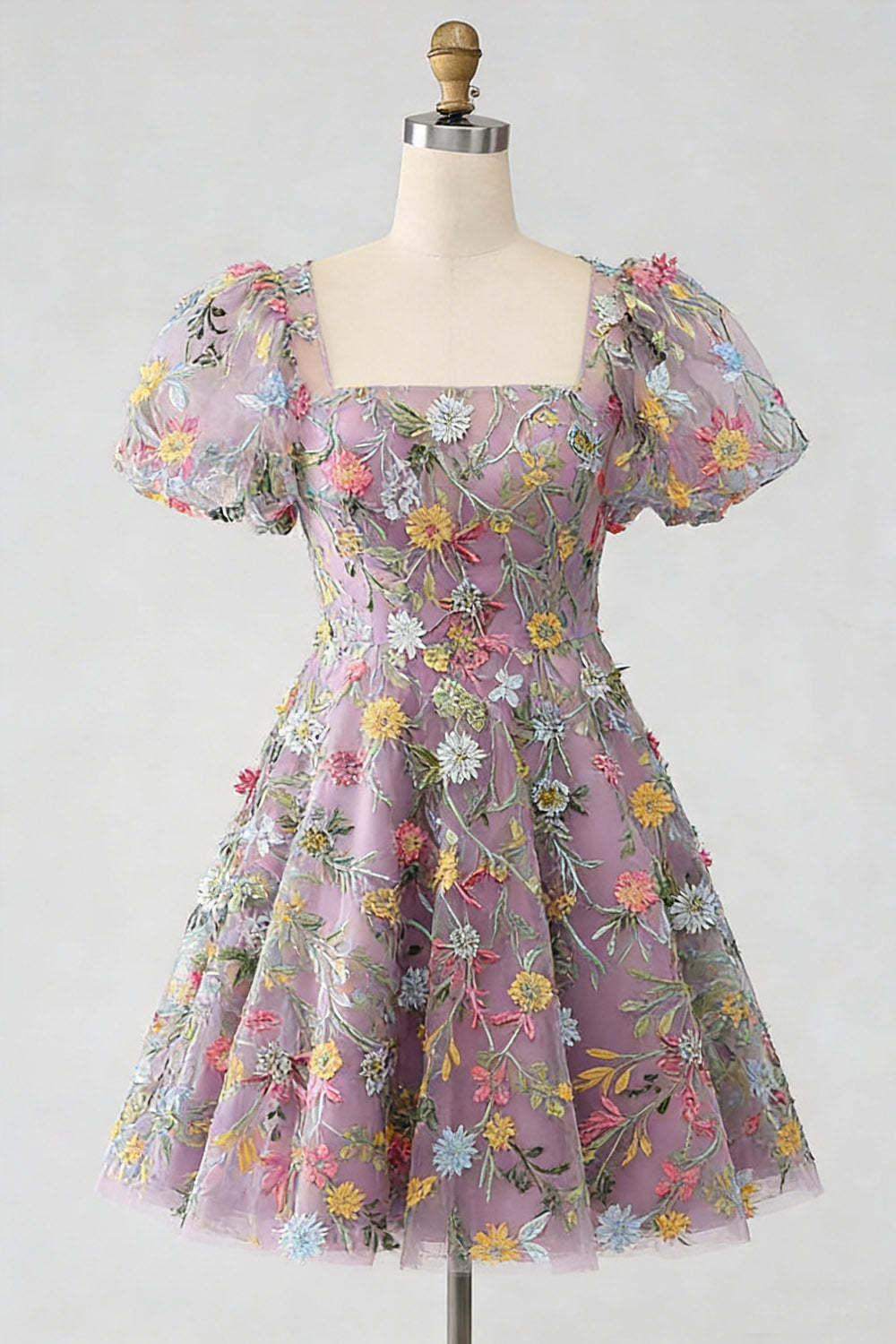 Floral Square Neck A Line Short Prom Dress with Sleeves