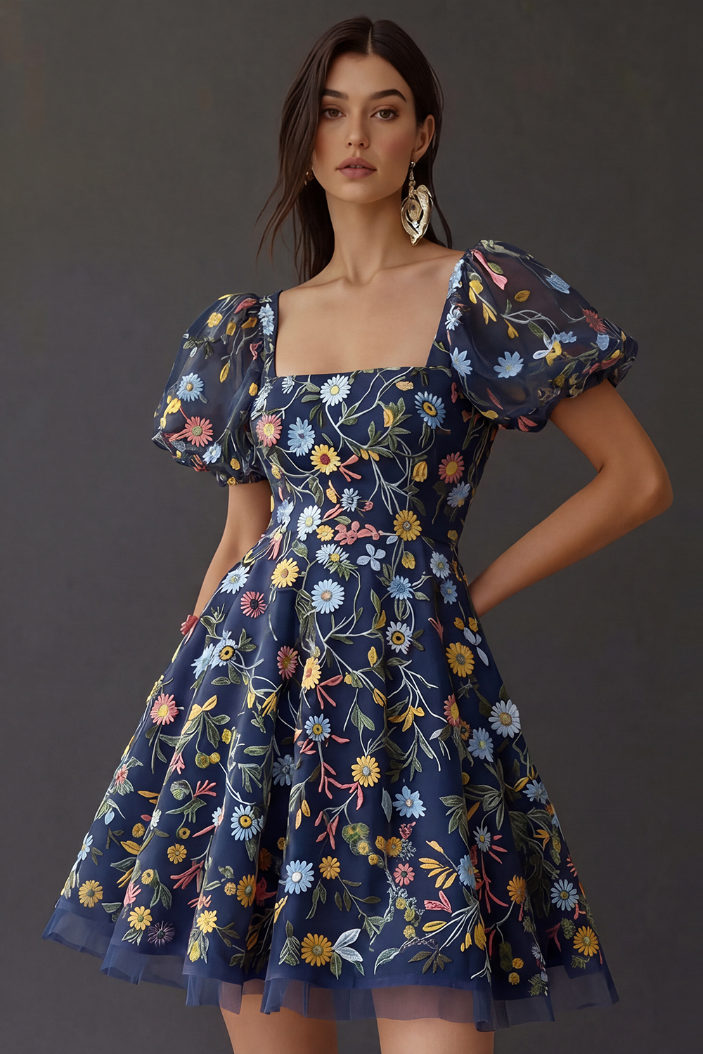 Floral Square Neck A Line Short Prom Dress with Sleeves