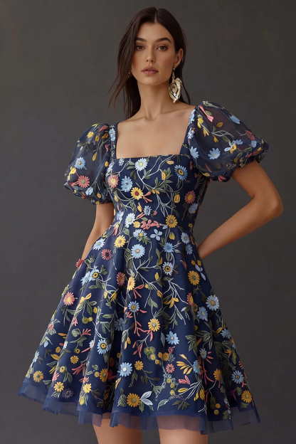 Floral Square Neck A Line Short Prom Dress with Sleeves