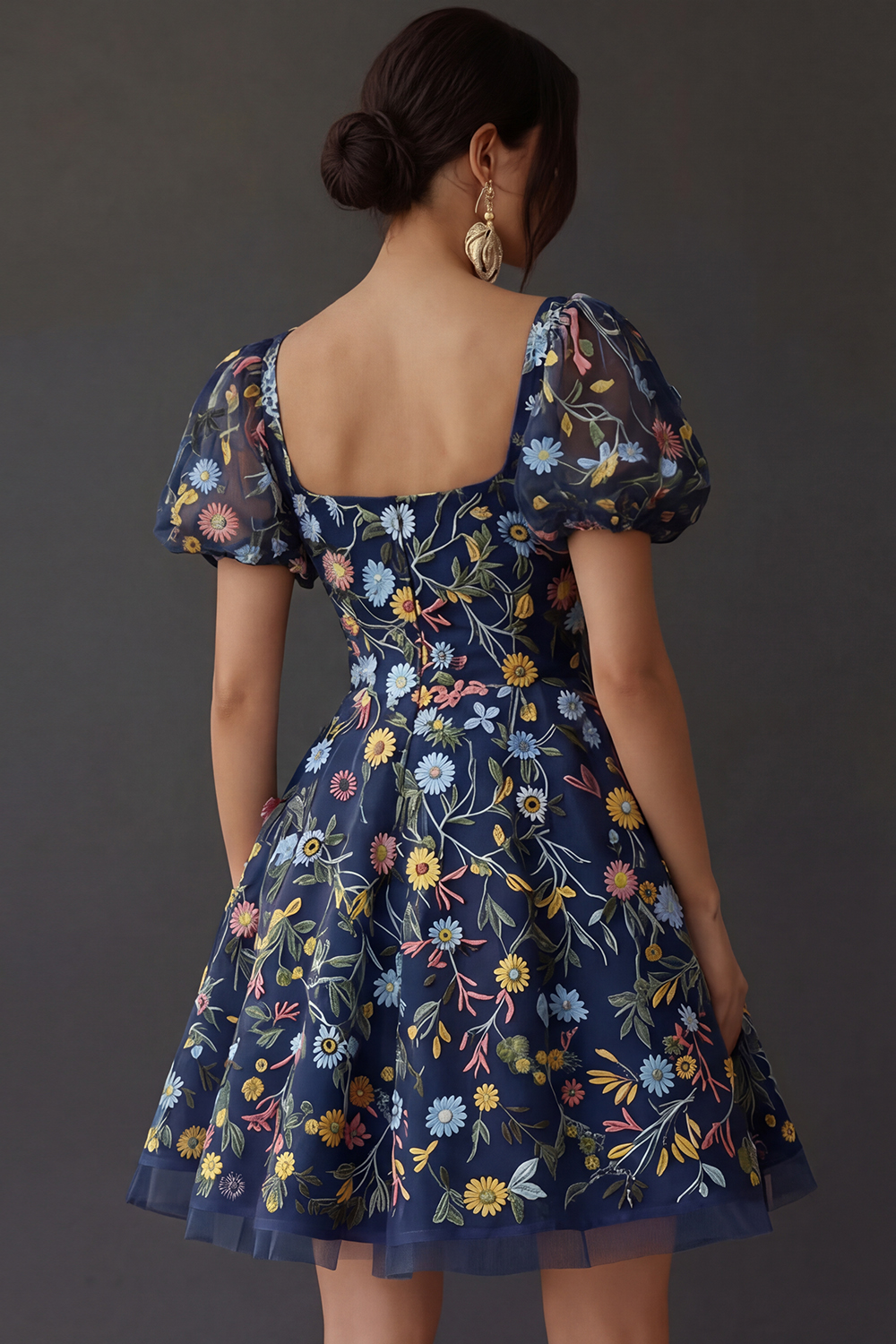 Floral Square Neck A Line Short Prom Dress with Sleeves