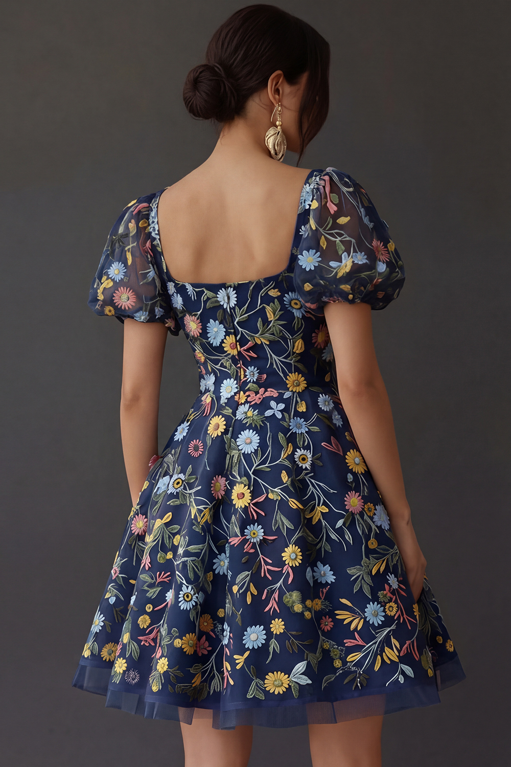 Floral Square Neck A Line Short Prom Dress with Sleeves