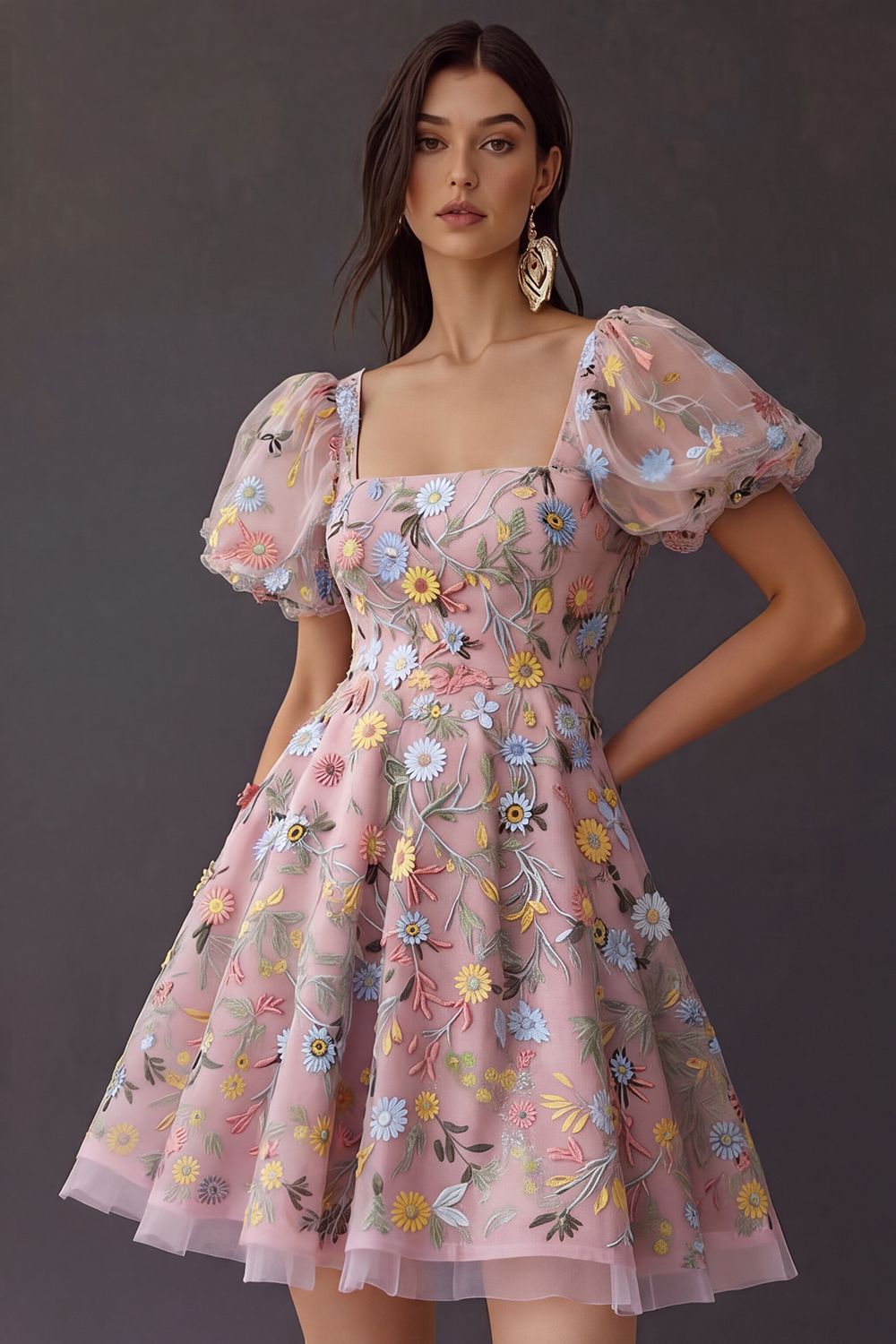 Leely Women Floral Short Prom Dress with Sleeves Ball Gown Square Neck A Line Party Dress with Embroidery