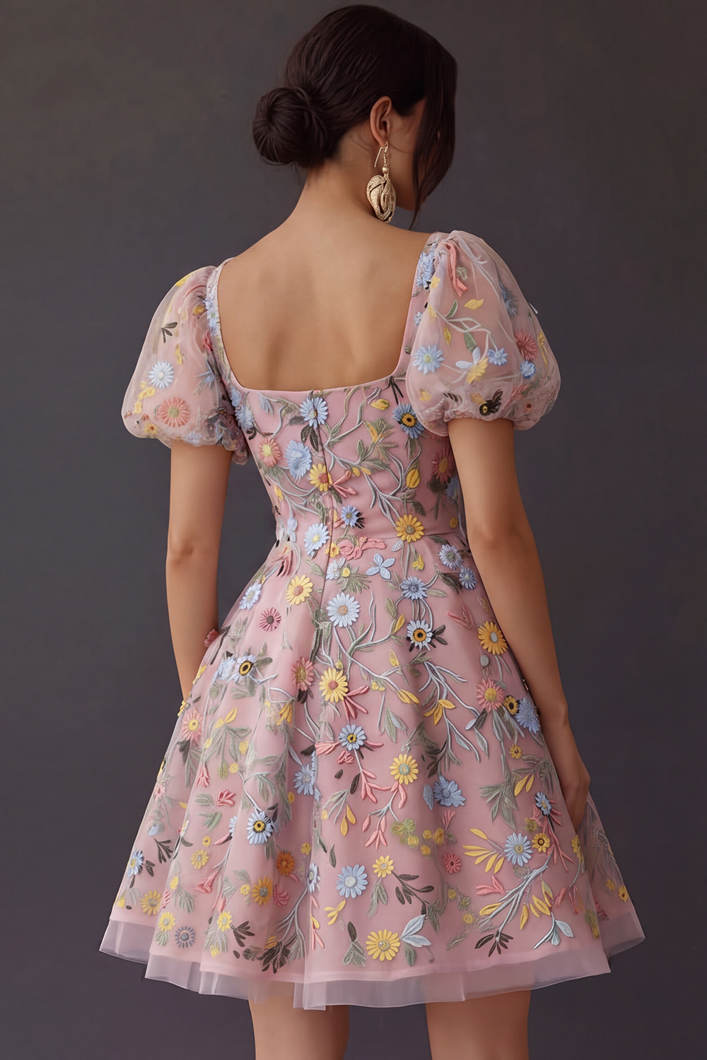 Floral Square Neck A Line Short Prom Dress with Sleeves