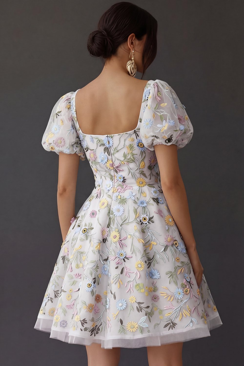 Floral Square Neck A Line Short Prom Dress with Sleeves