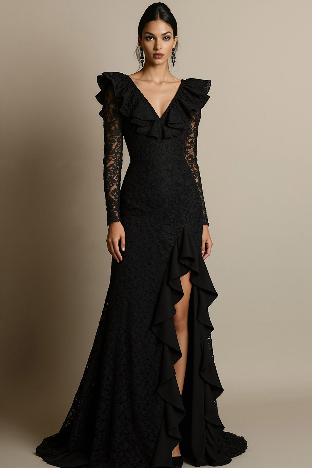 Black V-Neck Ruffled Lace Maxi Formal Dress with Slit