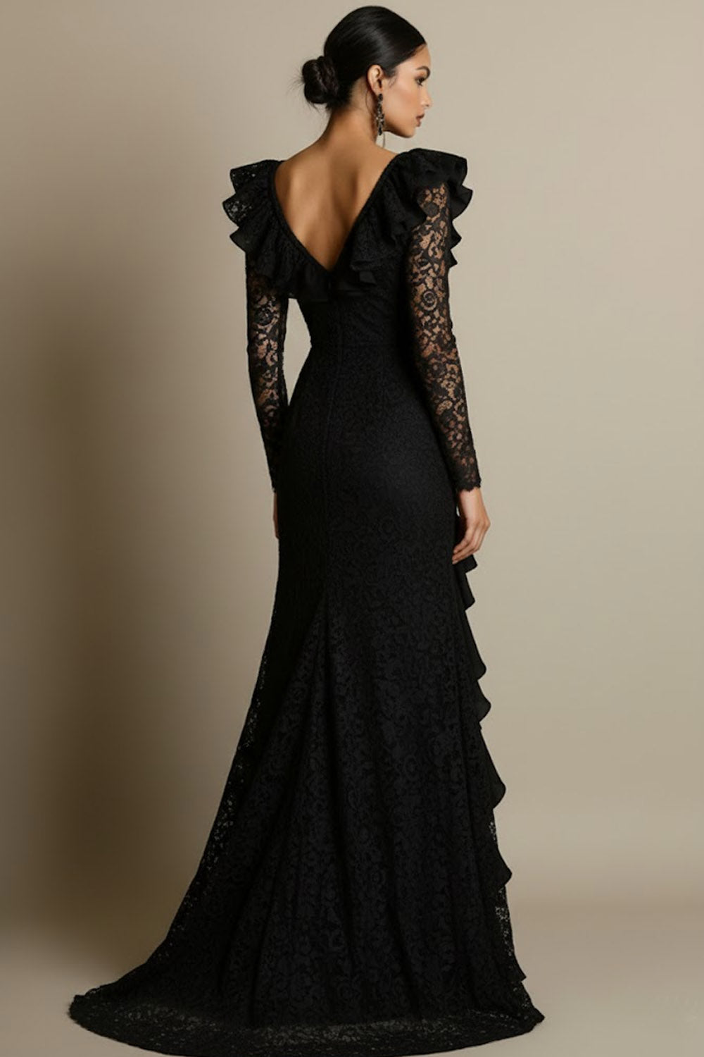 Black V-Neck Ruffled Lace Maxi Formal Dress with Slit