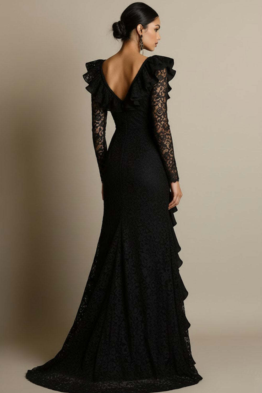 Black V-Neck Ruffled Lace Maxi Formal Dress with Slit