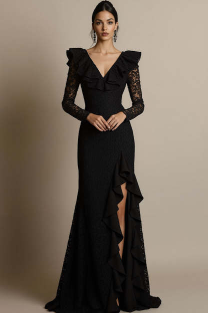 Black V-Neck Ruffled Lace Maxi Formal Dress with Slit