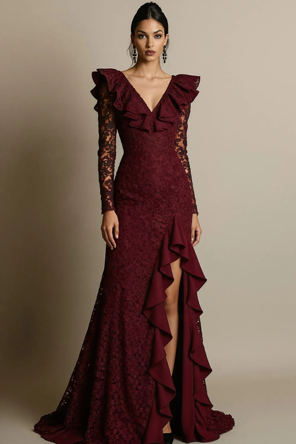 Black V-Neck Ruffled Lace Maxi Formal Dress with Slit