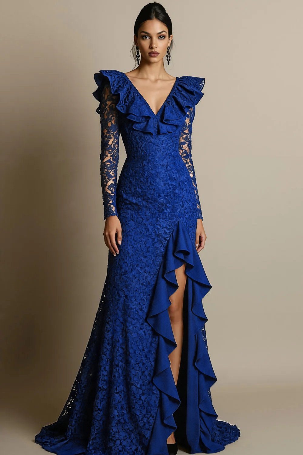 Black V-Neck Ruffled Lace Maxi Formal Dress with Slit