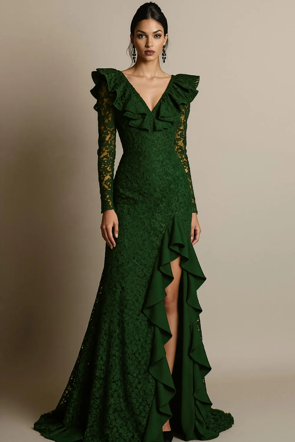 Black V-Neck Ruffled Lace Maxi Formal Dress with Slit