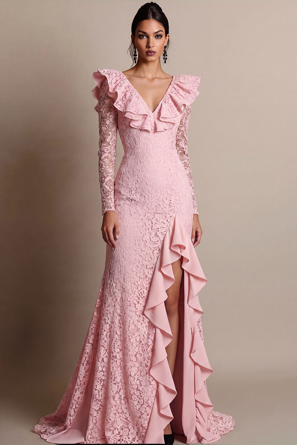 Leely Women Maxi Formal Dress with Slit V-Neck Ruffled Lace Black Tie Dress with Sleeves
