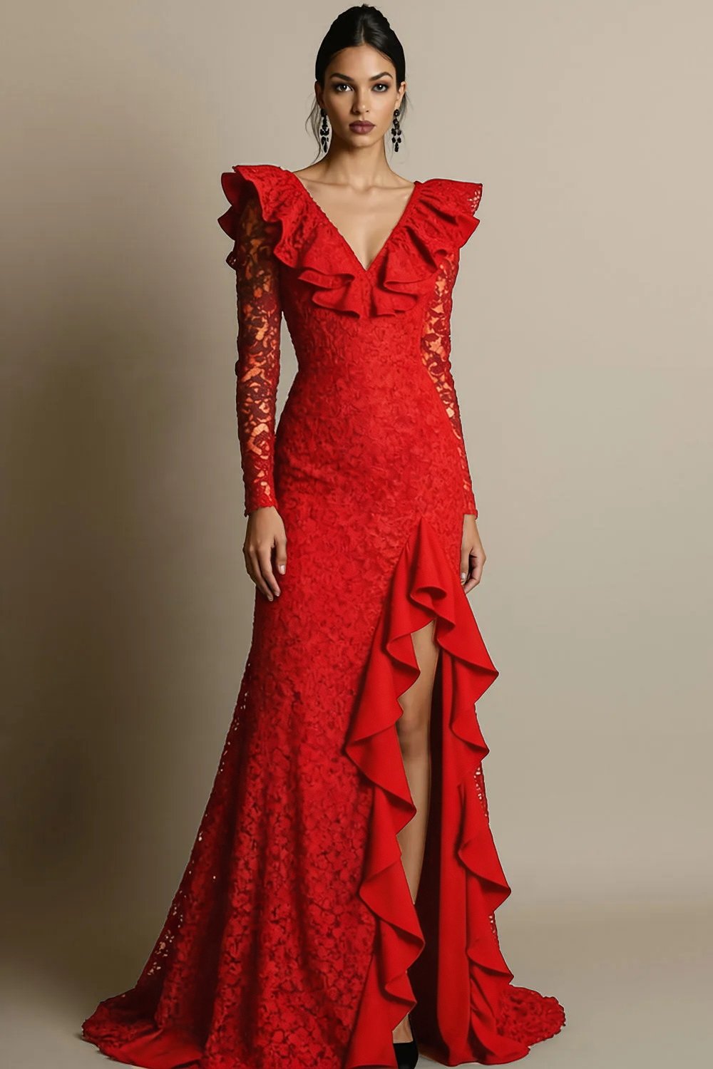 Black V-Neck Ruffled Lace Maxi Formal Dress with Slit