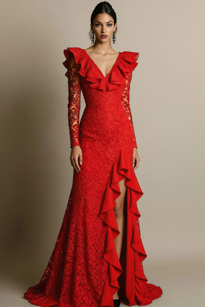 Black V-Neck Ruffled Lace Maxi Formal Dress with Slit