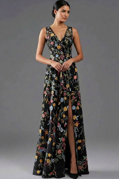 Floral Mauve V-Neck A Line Maxi Prom Dress with Slit