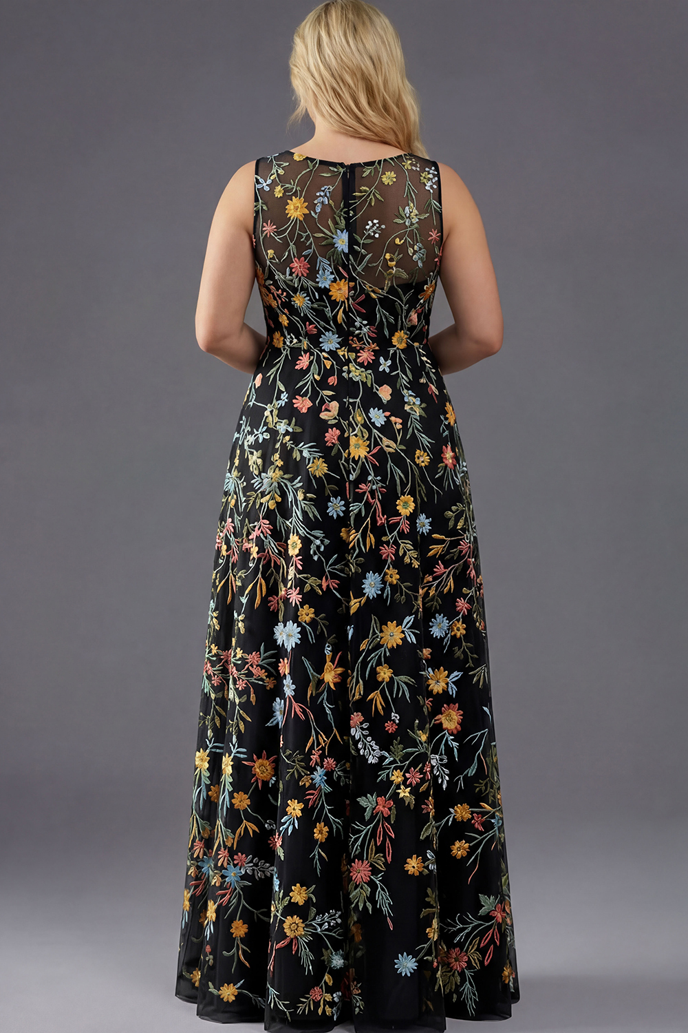 Plus Size Floral Mauve V-Neck A Line Long Wedding Guest Dress with Slit