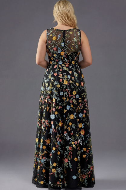 Plus Size Floral Mauve V-Neck A Line Long Wedding Guest Dress with Slit