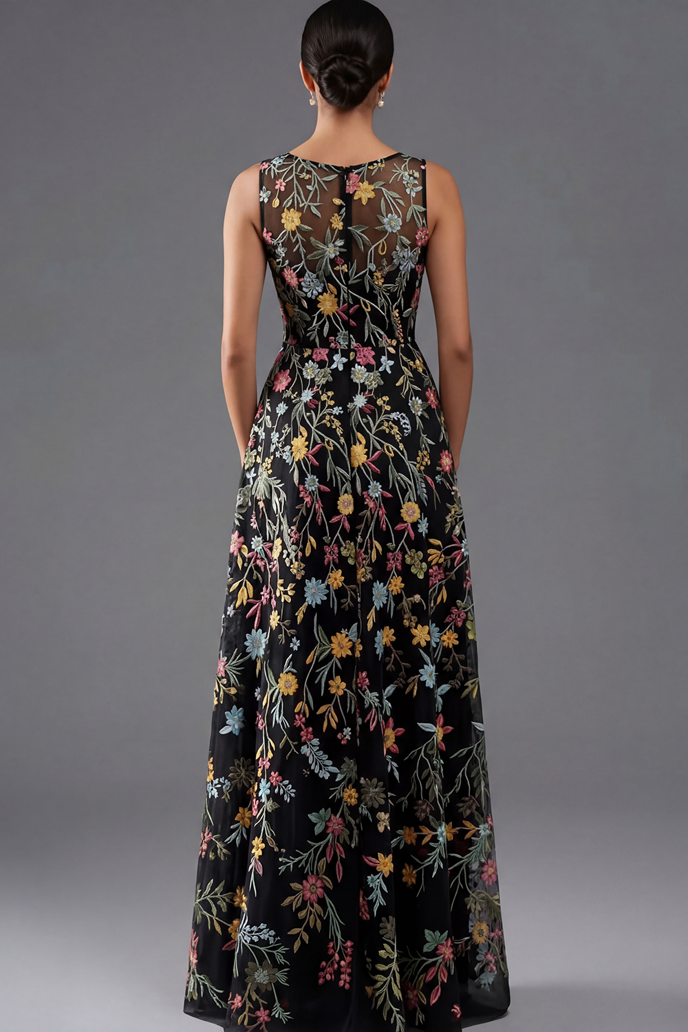 Floral Mauve V-Neck A Line Maxi Prom Dress with Slit