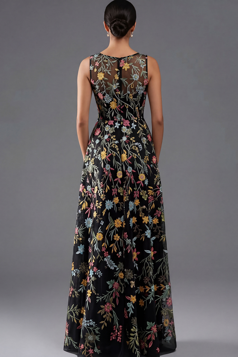 Floral Mauve V-Neck A Line Maxi Prom Dress with Slit