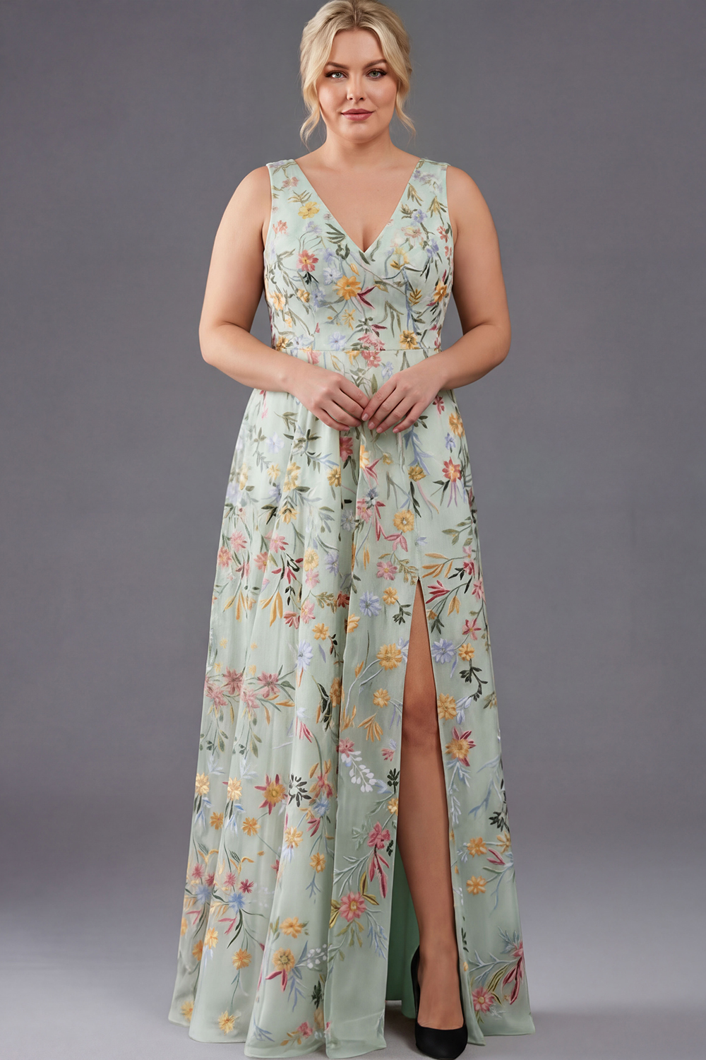 Plus Size Floral Mauve V-Neck A Line Long Wedding Guest Dress with Slit