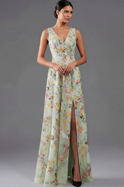 Floral Mauve V-Neck A Line Maxi Prom Dress with Slit