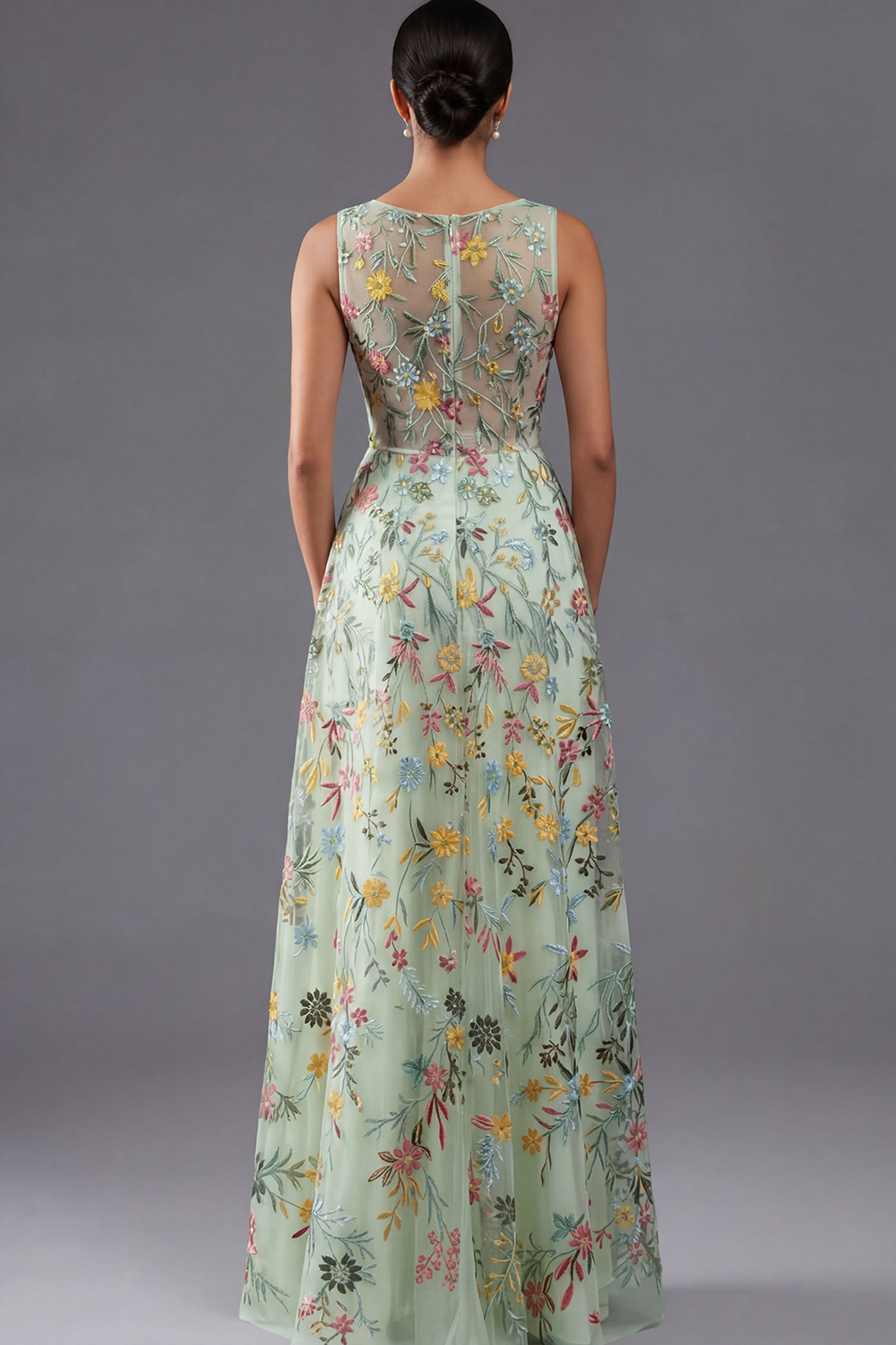 Floral Mauve V-Neck A Line Maxi Prom Dress with Slit