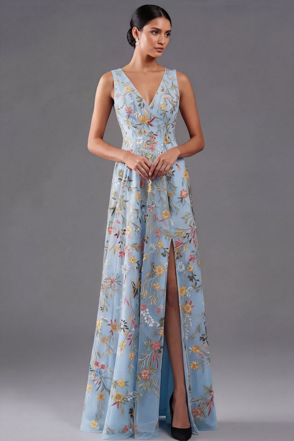 Leely Women Floral Mauve Maxi Prom Dress V-Neck A Line Embroidered Gala Dress with Slit