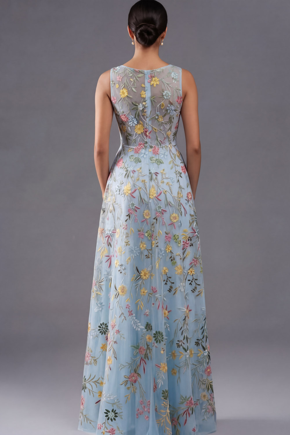 Floral Mauve V-Neck A Line Maxi Prom Dress with Slit