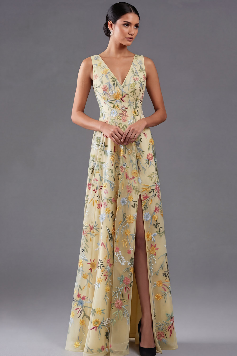 Floral Mauve V-Neck A Line Maxi Prom Dress with Slit