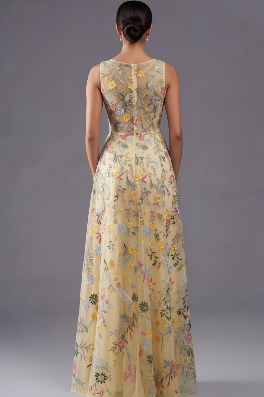 Floral Mauve V-Neck A Line Maxi Prom Dress with Slit