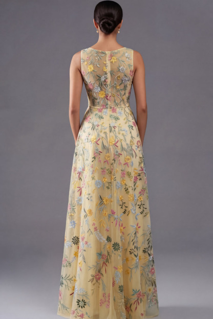 Floral Mauve V-Neck A Line Maxi Prom Dress with Slit