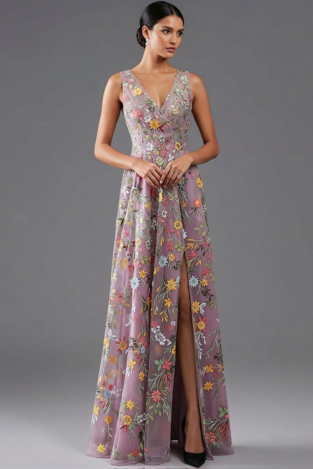 Plus Size Floral Mauve V-Neck A Line Long Wedding Guest Dress with Slit