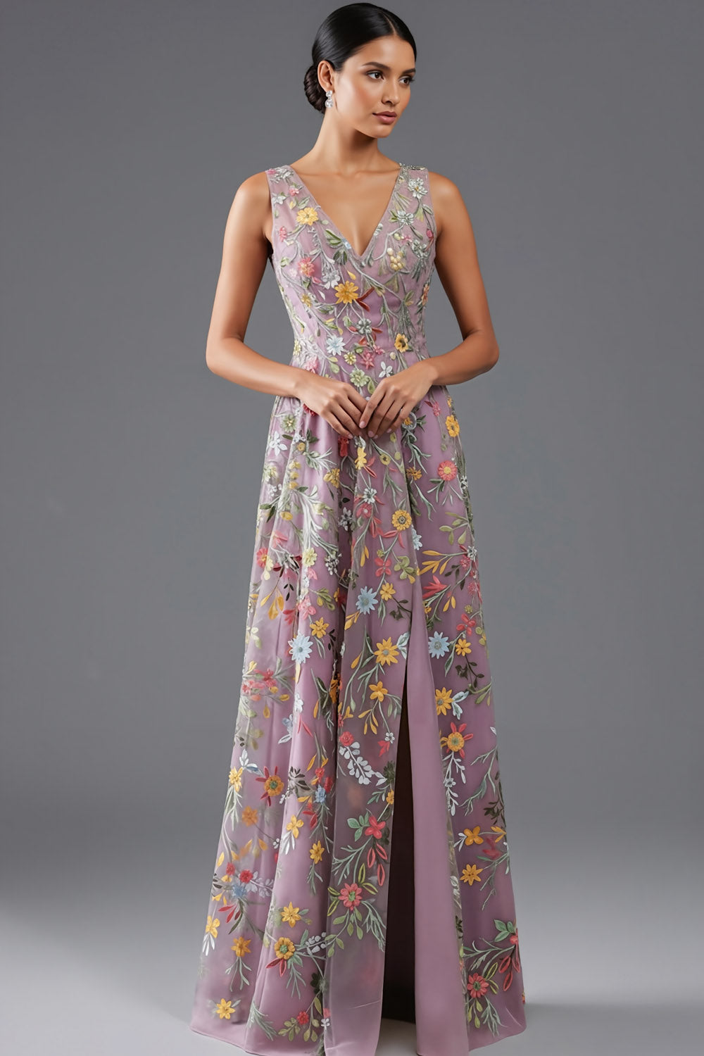 Leely Women Floral Mauve Maxi Prom Dress V-Neck A Line Embroidered Gala Dress with Slit