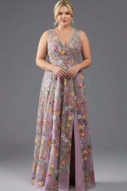 Leely Women Plus Size Floral Mauve Maxi Prom Dress V-Neck A Line Embroidered Gala Dress with Slit