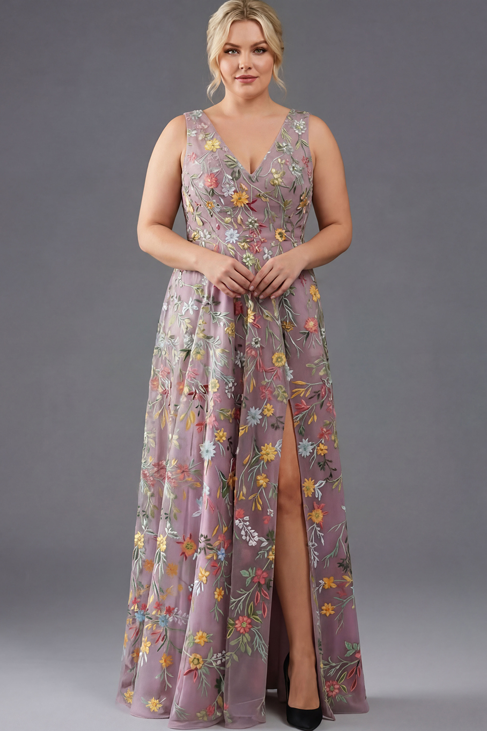 Leely Women Plus Size Floral Mauve Maxi Prom Dress V-Neck A Line Embroidered Gala Dress with Slit