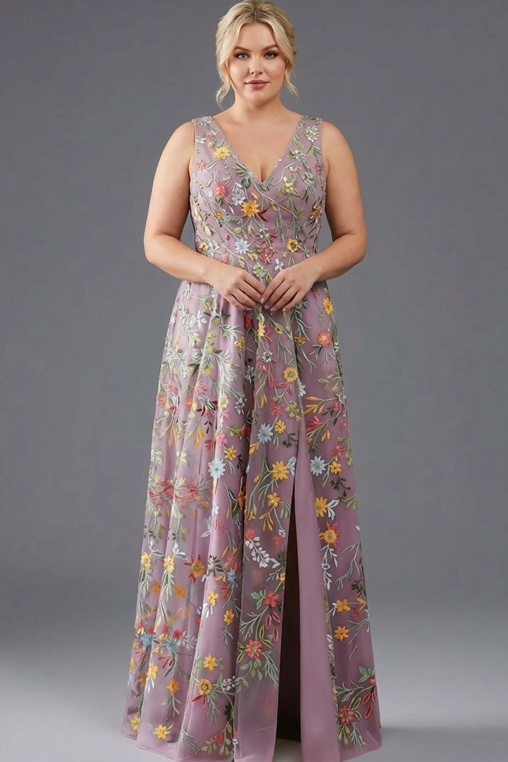 Floral Mauve V-Neck A Line Maxi Prom Dress with Slit