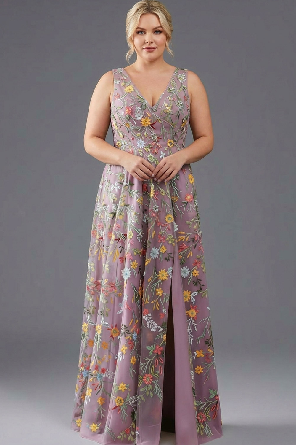 Floral Mauve V-Neck A Line Maxi Prom Dress with Slit
