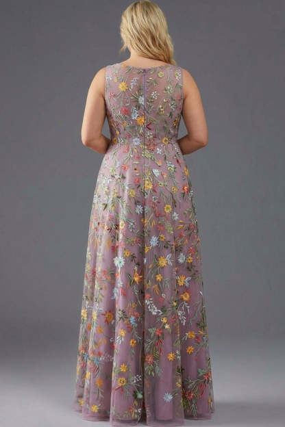 Plus Size Floral Mauve V-Neck A Line Long Wedding Guest Dress with Slit